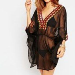 Black chiffon Kaftan with Patterned Trim coverup